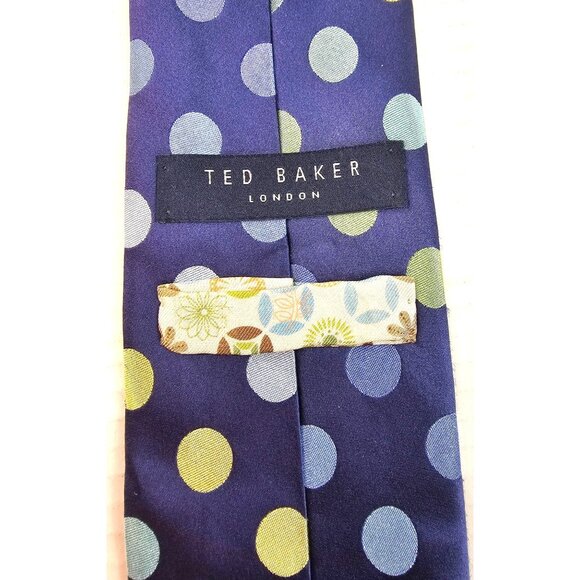 Ted Baker Mens Polka Dot Silk Tie Navy Blue Green & Yellow Hand-Tailored - Picture 4 of 7
